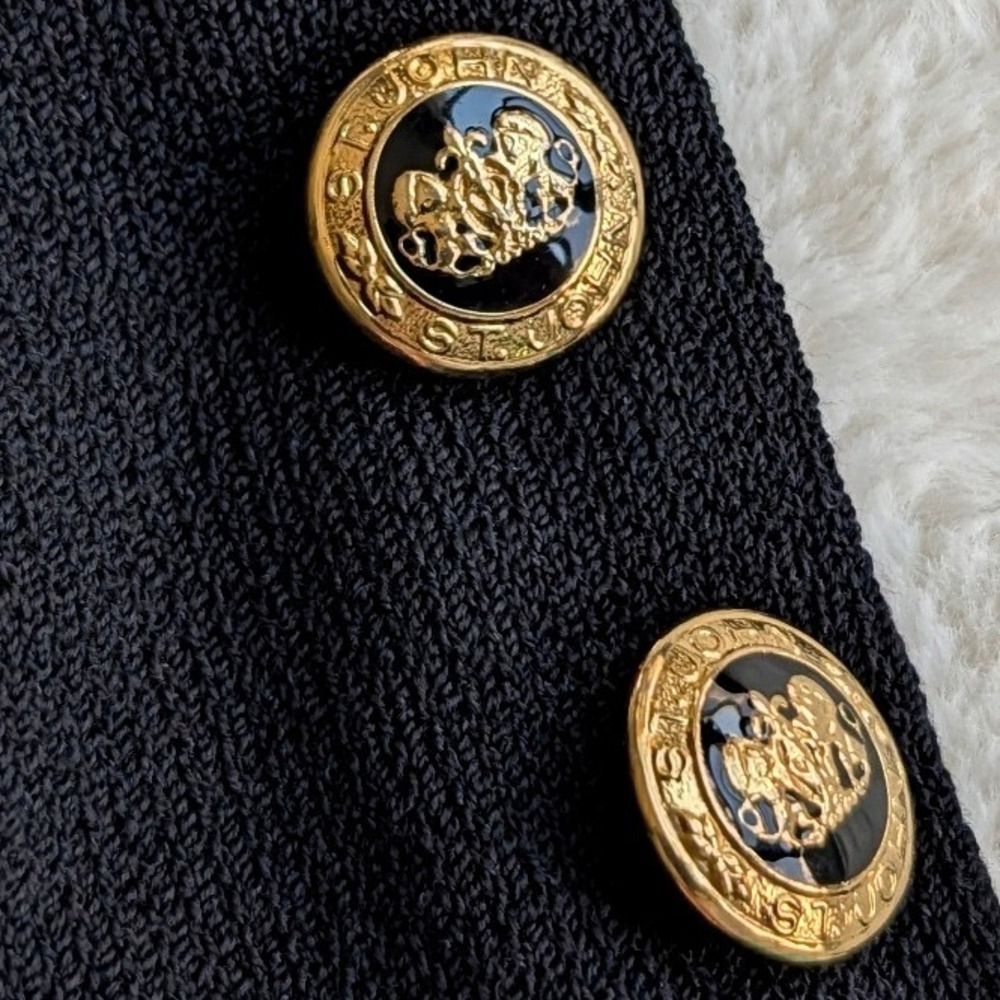 St. John Basics Black Santana Knit Mock Neck Jacket Gold Crest Buttons Size 10 - Picture 6 of 9